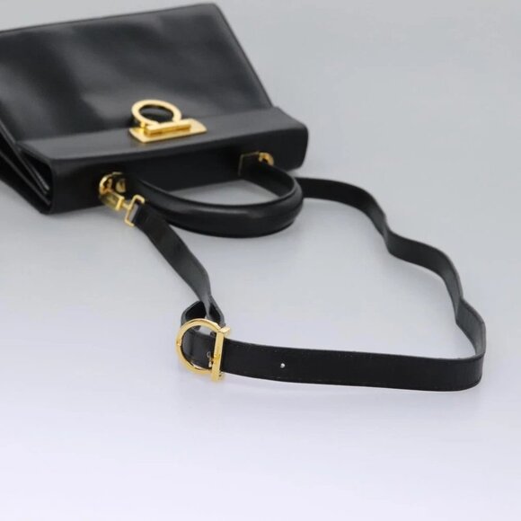 Salvatore Ferragamo Gancini Hand Bag Leather 2way Black Gold Auth MY114 - Picture 10 of 15